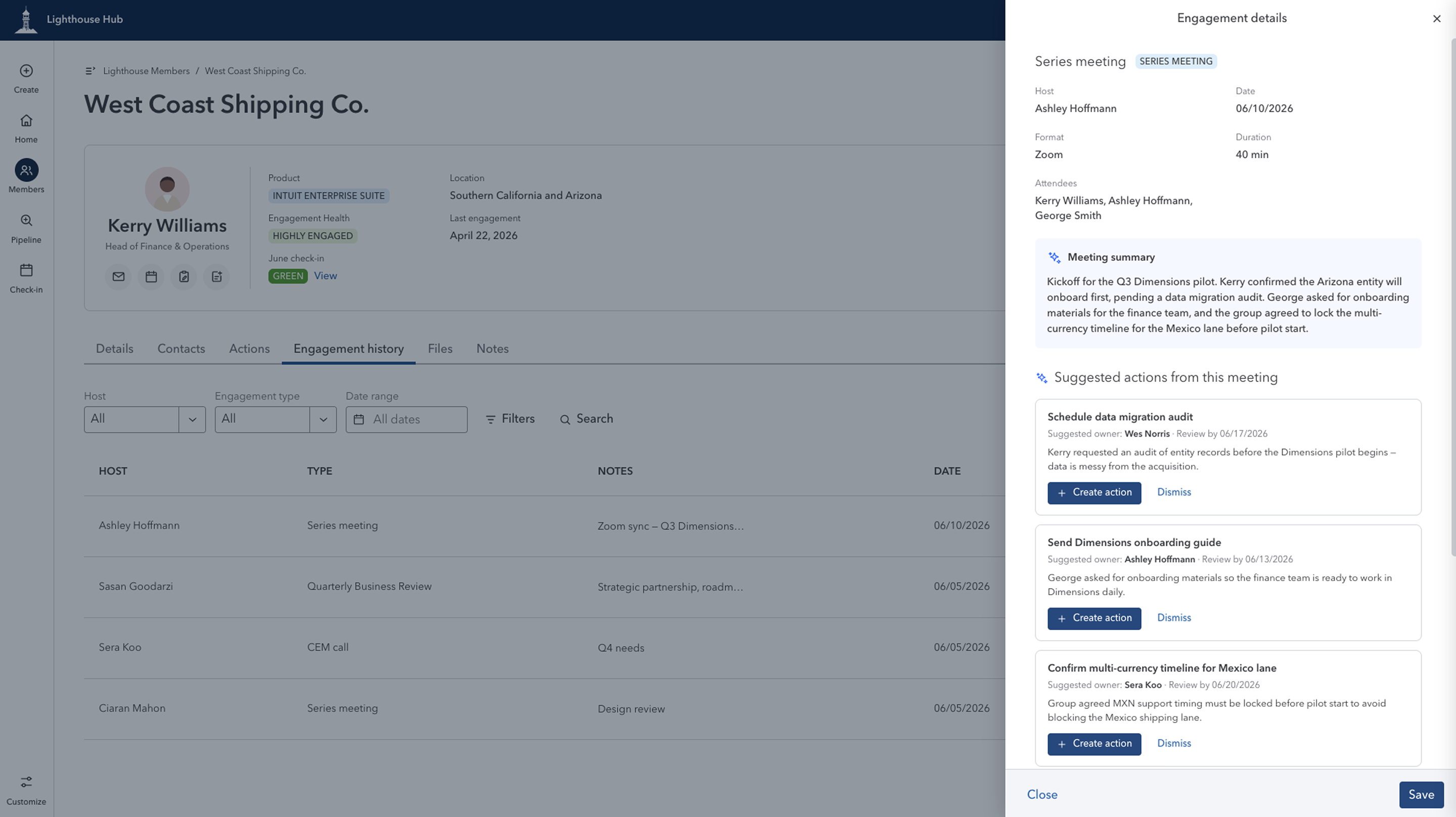 Lighthouse Hub — AI-summarized customer engagement with suggested follow-ups